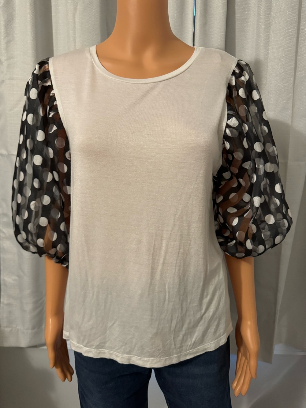 Cool Dalin size M white pullover black polka dot semi sheer balloon sleeve shirt